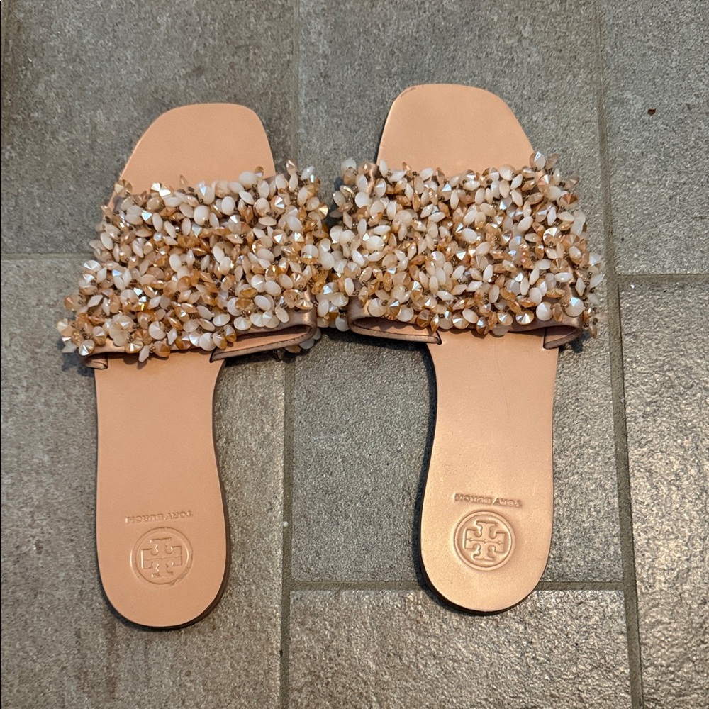 Tory Burch Cream and Tan Beaded Sandals